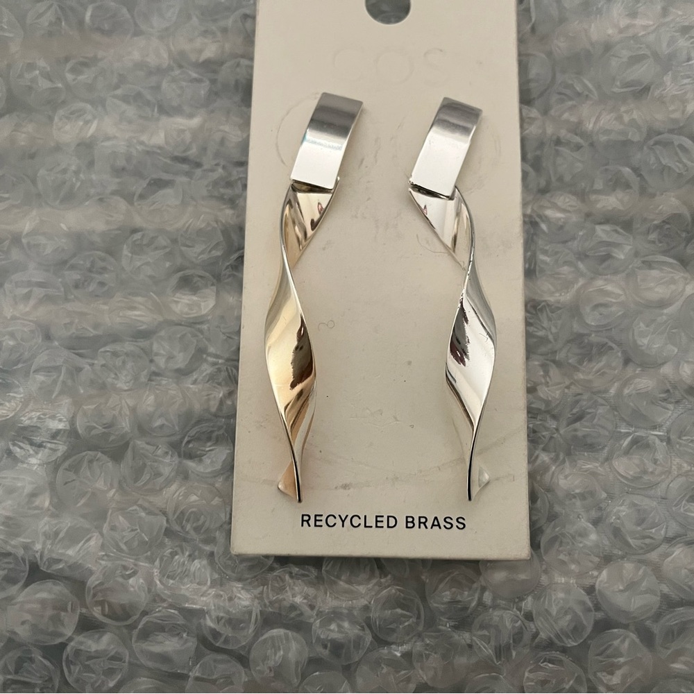 COS Recycled Brass Modern Silver Twist Earrings - Picture 8 of 11